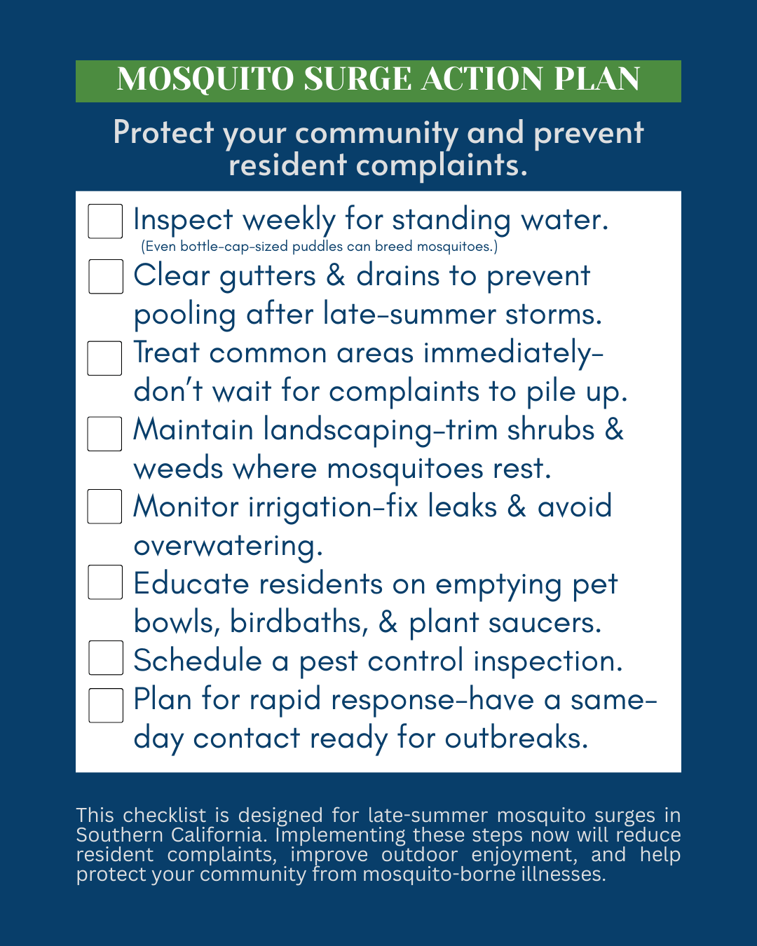 A "Mosquito Surge Action Plan" checklist. Steps include inspecting for standing water, clearing drains, treating common areas, maintaining landscaping, monitoring irrigation, educating residents, scheduling inspections, and planning for rapid response.