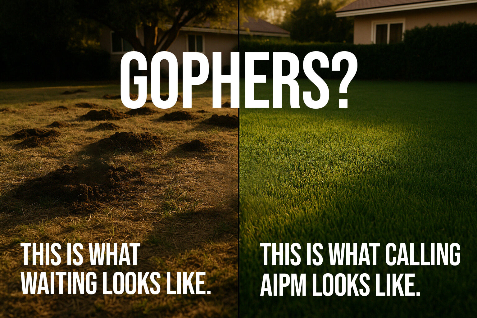Gophers? This is what waiting looks like (a dirty, ugly brown lawn riddled with gopher mounds) versus what calling AIPM looks like (a clean, green, flat and beautiful lawn).