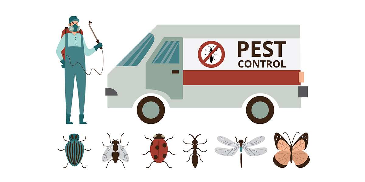 illustration of a pest control specialist, pest control van and some insects